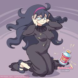 Rule 34 | 1girl, @ @, ahoge, animated, animated gif, artist name, black dress, black footwear, bouncing breasts, breast expansion, breasts, closed mouth, covered erect nipples, creatures (company), dress, full body, game freak, hairband, hex maniac (pokemon), huge breasts, impossible clothes, kneeling, long hair, long sleeves, medium breasts, messy hair, nail polish, nintendo, poke ball, pokemon, pokemon xy, purple eyes, purple hair, saliva, simple background, smile, solo, supersatanson, turtleneck