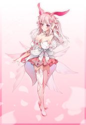 Rule 34 | 1girl, adjusting hair, animal ears, bad id, bad pixiv id, bare shoulders, blush, breasts, bridal veil, bride, character name, cherry blossoms, cleavage, detached sleeves, dress, fake wings, fox ears, full body, gimnang, hair flaps, high heels, highres, honkai (series), honkai impact 3rd, large breasts, long hair, messy hair, multicolored clothes, multicolored dress, pink background, pink hair, pleated dress, purple eyes, smile, solo, standing, strapless, strapless dress, thighhighs, veil, very long hair, wedding dress, white thighhighs, wings, yae sakura, yae sakura (flame sakitama)