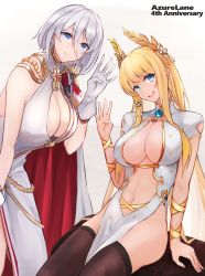 Rule 34 | 2girls, :d, anniversary, arm support, azur lane, bare shoulders, black legwear, blonde hair, blue eyes, breasts, cape, center opening, china dress, chinese clothes, cleavage, closed mouth, clothing cutout, commentary request, cowboy shot, cross, cross earrings, dress, earrings, epaulettes, evening gown, gloves, gold trim, hair between eyes, halter dress, halterneck, head wreath, highres, iron blood (emblem), jewelry, large breasts, long hair, looking at viewer, marshall k, multiple girls, navel, official alternate costume, open mouth, pelvic curtain, ribbon, short hair, short sleeves, sidelocks, silver hair, simple background, sitting, skindentation, sleeveless, sleeveless dress, smile, standing, stomach cutout, teeth, thighhighs, tirpitz (azur lane), tirpitz (iron blood snowstorm) (azur lane), upper teeth only, very long hair, victorious (azur lane), victorious (guidance of the spring goddess) (azur lane), white background, white cape, white dress, white gloves, wrist ribbon