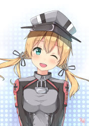 Rule 34 | 1girl, aqua eyes, blonde hair, hair between eyes, hat, kantai collection, long hair, long sleeves, low twintails, mikoillust, military, military uniform, one eye closed, open mouth, peaked cap, polka dot, polka dot background, prinz eugen (kancolle), smile, solo, twintails, uniform