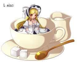 Rule 34 | 1girl, :o, adapted costume, aged up, apron, bad anatomy, blonde hair, bonnet, bow, breasts, choker, cleavage, cream, cup, elbow gloves, gloves, hat, hat ribbon, highres, in container, in cup, kakiikada, kirisame marisa, light smile, long hair, looking at viewer, mini person, minigirl, new super marisa land, ribbon, ribbon choker, saucer, simple background, solo, spoon, sugar cube, teacup, touhou, waist apron, white background, witch hat, yellow eyes