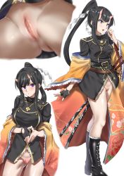 Rule 34 | 1girl, azur lane, belt, black belt, black coat, black footwear, black hair, blush, boots, bottomless, breasts, buttons, censored, coat, double-breasted, fingerless gloves, gloves, gradient kimono, hand up, highres, horns, japanese clothes, kimono, large breasts, long sleeves, looking at viewer, mosaic censoring, multiple views, oni horns, open mouth, orange kimono, own hands together, parted lips, ponytail, purple eyes, pussy, ramanda, ryuuhou (azur lane), simple background, single glove, standing, white background