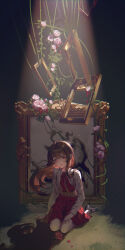 Rule 34 | 1girl, absurdres, brown hair, closed mouth, commentary, flower, highres, ib (ib), ib (kouri), kneeling, long hair, long sleeves, looking at viewer, neck ribbon, picture frame, pink flower, pink rose, plant, pleated skirt, ramingbera, red eyes, red ribbon, red skirt, ribbon, rose, shirt, shirt tucked in, skirt, solo, spotlight, vines, white shirt