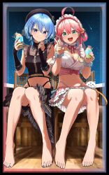 Rule 34 | 2girls, 35p (sakura miko), :d, absurdres, adapted costume, ahoge, bare legs, barefoot, beret, blue hair, blue nails, breasts, chair, closed mouth, crop top, cup, earrings, feet, fingerless gloves, flower, food, frilled skirt, frills, full body, gloves, green eyes, hair flower, hair ornament, hair rings, hairclip, hat, highres, holding, holding cup, hololive, hoshimachi suisei, hoshimachi suisei (maid), ice cream, jewelry, knees together feet apart, large breasts, legs, maid headdress, multiple girls, nail polish, name tag, navel, neck ribbon, open mouth, pink hair, ribbon, sakura miko, sakura miko (new year), scrunchie, shinomu (cinomoon), short hair, sitting, skirt, sky, smile, star (sky), star (symbol), star in eye, starry sky, stomach, symbol in eye, thigh strap, toenail polish, toenails, toes, v, virtual youtuber, white nails, white skirt, wrist scrunchie