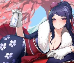 Rule 34 | 1girl, absurdres, blue kimono, blush, bottle, breasts, cleavage, closed mouth, collarbone, cup, floral print kimono, fur-trimmed kimono, fur trim, gloves, highres, holding, holding bottle, holding cup, japanese clothes, jill stingray, kimono, large breasts, long hair, long sleeves, looking at viewer, lying, on side, purple eyes, purple hair, sakazuki, sake bottle, smile, solo, sweat, va-11 hall-a, white gloves, yanagui