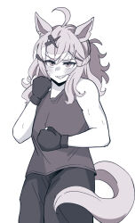Rule 34 | 1girl, alternate costume, animal ears, bare shoulders, blush, braid, clenched hands, commentary request, cowboy shot, ear piercing, earrings, fighting stance, french braid, gloves, greyscale, grin, hair ornament, highres, horse ears, horse girl, horse tail, jewelry, jungle pocket (umamusume), long hair, looking at viewer, medium hair, miya nns35, monochrome, notched ear, pants, piercing, ponytail, shirt, simple background, single earring, sleeveless, sleeveless shirt, smile, solo, sweat, tail, umamusume, white background, x hair ornament