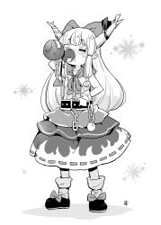 Rule 34 | 1girl, belt, blush stickers, bow, chain, closed eyes, commentary request, drinking, footwear bow, full body, gourd, greyscale, hair bow, hand up, holding, horn ornament, horn ribbon, horns, ibuki suika, long hair, monochrome, oni horns, pointy ears, ribbon, shirt, shoes, simple background, skirt, sleeveless, sleeveless shirt, socks, solo, tanasuke, touhou, white background, wrist cuffs