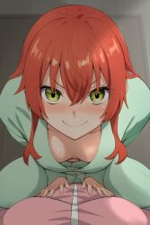 Rule 34 | 2girls, blush, bocchi the rock!, breasts, cleavage, collarbone, downblouse, girl on top, good morning my brother (meme), gotoh hitori, green eyes, green pajamas, highres, kita ikuyo, long sleeves, looking at viewer, medium breasts, multiple girls, no bra, pajamas, pov, red hair, ryuhirohumi, scene reference, smile, tokidoki bosotto roshia-go de dereru tonari no alya-san