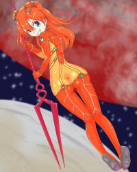 Rule 34 | 1girl, adjusting hair, ass, bodysuit, breasts, brown hair, covered navel, curvy, evangelion: 2.0 you can (not) advance, grin, highres, holding, holding weapon, lance, lance of longinus (evangelion), long hair, looking at viewer, looking back, looking to the side, microsd (pibo), multicolored bodysuit, multicolored clothes, neon genesis evangelion, orange bodysuit, pilot suit, plugsuit, polearm, rebuild of evangelion, red bodysuit, see-through, see-through bodysuit, shiny clothes, shiny skin, skin tight, smile, solo, souryuu asuka langley, test plugsuit, thigh gap, twintails, two side up, very long hair, weapon, wide hips