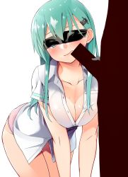 Rule 34 | 10s, 1boy, 1girl, all fours, aqua eyes, aqua hair, blindfold, blindfold slip, blush, breasts, buttons, byte (allbyte), cleavage, closed mouth, collarbone, collared shirt, covered eyes, dress shirt, erection, hair ornament, hairclip, hanging breasts, highres, kantai collection, large breasts, long hair, male masturbation, masturbation, panties, partially unbuttoned, penis, penis on face, pink panties, shiny skin, shirt, short sleeves, simple background, smile, solo focus, suzuya (kancolle), sweat, thigh gap, underwear, white background, white shirt, wing collar