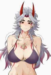 Rule 34 | 1girl, absurdres, arataki itto, arms behind back, between breasts, bikini, blush, bodypaint, breasts, closed mouth, ear piercing, eyelashes, facepaint, genderswap, genderswap (mtf), genshin impact, gradient hair, grey background, grey hair, highres, horns, jewelry, large breasts, long hair, multicolored hair, nipio, piercing, purple bikini, red eyes, red hair, simple background, solo, sweat, swimsuit, tears, thick eyebrows, toned, upper body