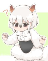 Rule 34 | 10s, 1girl, ?, animal ears, bow, bowtie, breasts, center frills, closed mouth, commentary request, eyelashes, eyes visible through hair, frills, fur collar, hair between eyes, hands up, kemono friends, long sleeves, multicolored hair, palms, solo, southern tamandua (kemono friends), tail, tatsuno newo, twitter username, underbust, v-shaped eyebrows, wavy mouth, white bow, white bowtie, white fur, white hair