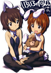 Rule 34 | 10s, 2girls, :d, animal ears, bare shoulders, boko (girls und panzer), breasts squeezed together, breasts, brown eyes, brown hair, rabbit ears, rabbit tail, detached collar, fake animal ears, fishnet pantyhose, fishnets, flat chest, girls und panzer, hairband, highres, indian style, kurashima tomoyasu, multiple girls, nishizumi maho, nishizumi miho, hugging object, open mouth, pantyhose, playboy bunny, scan, short hair, siblings, simple background, sisters, sitting, small breasts, smile, stuffed animal, stuffed toy, tail, teddy bear, wariza, white background, wrist cuffs, aged down
