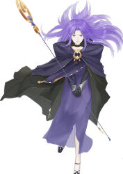 Rule 34 | 1girl, braid, cape, medea (fate), dmtwd, dress, fate/stay night, fate (series), floating hair, gloves, highres, long dress, long hair, pointy ears, purple eyes, purple hair, side braid, simple background, solo, staff, white background