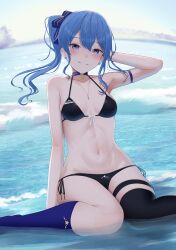 Rule 34 | 1girl, arm behind head, arm up, asymmetrical legwear, beach, bikini, black bikini, black thighhighs, blue choker, blue socks, bow, breasts, choker, commentary, commentary request, earrings, english commentary, foot out of frame, hair bow, halterneck, highres, hololive, hoshimachi suisei, jewelry, legs, mismatched legwear, mixed-language commentary, navel, necklace, no shoes, ocean, outdoors, side ponytail, single thighhigh, sitting, sky, small breasts, smile, socks, solo, star (symbol), star choker, star earrings, star in eye, stomach, string bikini, swimsuit, symbol in eye, thigh strap, thighhighs, thighs, tojo aoi, uneven legwear, virtual youtuber, wariza, water