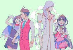 Rule 34 | 2boys, 2girls, :d, :o, ace attorney, antenna hair, aqua necktie, arm at side, arm garter, arm hug, arm up, asymmetrical sidelocks, bell, black dress, blue cape, blue eyes, blue hair, blue headwear, blush, bracelet, braid, breast pocket, brother and sister, brown eyes, brown hair, buttons, cape, coat, collared shirt, cowboy shot, crown, dress, earrings, eye contact, facial mark, forehead mark, formal, gem, gloves, green background, green eyes, green gemstone, hair ribbon, hair rings, hand on another&#039;s head, hat, headpat, heart, holding, holding clothes, holding hat, jewelry, jingle bell, lapel pin, lapels, long hair, long sleeves, looking at another, medium hair, multiple boys, multiple girls, musical note, nahyuta sahdmadhi, necktie, open mouth, ouse (otussger), pants, pink dress, pocket, purple hair, rayfa padma khura&#039;in, red pants, red scarf, red suit, red vest, ribbon, scarf, shirt, short dress, short hair, siblings, single braid, sleeves rolled up, smile, spade (shape), suit, swept bangs, trucy wright, unworn hat, unworn headwear, very long hair, vest, white cape, white coat, white gloves, white pants, white ribbon, white shirt