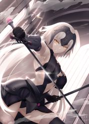 Rule 34 | 1girl, ahoge, arch, armor, armpits, black dress, breasts, bu li, center opening, chain, commentary request, dress, dutch angle, fate/grand order, fate (series), faulds, fur trim, gauntlets, grin, headpiece, highres, holding, holding sword, holding weapon, indoors, jeanne d&#039;arc (fate), jeanne d&#039;arc alter (avenger) (fate), jeanne d&#039;arc alter (avenger) (third ascension) (fate), jeanne d&#039;arc alter (fate), large breasts, long hair, microsoft windows, navel, silver hair, smile, sword, thighhighs, tsurime, weapon, yellow eyes