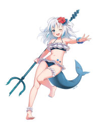 Rule 34 | 1girl, ankle scrunchie, barefoot, bikini, blue bikini, blue hair, blue nails, blue tail, collarbone, commentary, dated, english commentary, eyelashes, feet, fins, fish tail, flat chest, flower, frilled bikini, frills, full body, gawr gura, grey hair, hair flower, hair ornament, highres, holding, hololive, hololive english, knees together feet apart, legs, long hair, looking at viewer, multicolored hair, nail polish, navel, one eye closed, polearm, scrunchie, shark girl, shark tail, sharp teeth, signature, solo, standing, standing on one leg, stomach tattoo, streaked hair, swimsuit, tail, tattoo, teeth, thigh strap, thighs, toenail polish, toenails, toes, trident, twitter username, utsukusheep, virtual youtuber, weapon, wrist scrunchie