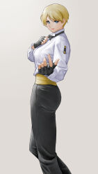Rule 34 | 1girl, belt, black bow, black bowtie, black gloves, black pants, blonde hair, blue eyes, bow, bowtie, breasts, collared shirt, feet out of frame, fingerless gloves, gloves, grey background, hand on own chest, highres, king (snk), long sleeves, looking at viewer, medium breasts, outstretched hand, pants, parted bangs, ryuuko no ken, shirt, short hair, smile, solo, standing, the king of fighters, white shirt, x chitch