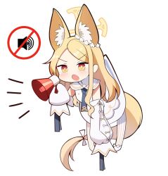 Rule 34 | 1girl, animal ear fluff, animal ears, blonde hair, blue archive, blush, cruciform halo, detached sleeves, dress, fox ears, fox tail, full body, halo, holding, holding megaphone, long hair, megaphone, open mouth, pantyhose, seia (blue archive), shoes, simple background, sleeves past fingers, sleeves past wrists, sob (submar1089), solo, striped clothes, striped pantyhose, tail, vertical-striped clothes, vertical-striped pantyhose, white background, white dress, white footwear, white pantyhose, wide sleeves, yellow eyes, yellow halo