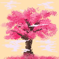 Rule 34 | absurdres, artist request, cherry blossoms, highres, new year, no humans, pixel art, self-upload, source request, tree, yellow background
