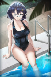 Rule 34 | 1girl, blue archive, blue eyes, breasts, chihiro (blue archive), glasses, highres, large breasts, one-piece swimsuit, persocon93, pool, short hair, solo, swimsuit, water