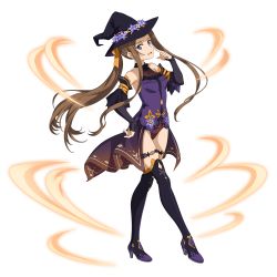 Rule 34 | 1girl, :d, alternate costume, black footwear, black hat, black sleeves, blue eyes, blue flower, boots, braid, breasts, brown hair, detached sleeves, floating hair, flower, full body, hair ribbon, halloween, halloween costume, hand on own hip, hat, hat flower, high heel boots, high heels, highres, index finger raised, leotard, long hair, long sleeves, looking at viewer, medium breasts, official art, open mouth, orange ribbon, purple leotard, ribbon, sidelocks, smile, solo, sortiliena serlut, standing, sword art online, sword art online: memory defrag, thigh boots, thigh strap, thighhighs, transparent background, very long hair, waist cape, witch, witch hat
