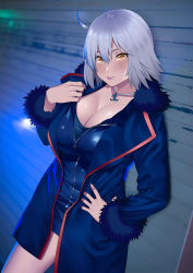 Rule 34 | 1girl, absurdres, against wall, ahoge, black dress, blue coat, blush, breasts, cleavage, cleavage reach, coat, commentary request, dress, fate/grand order, fate (series), full-length zipper, fur-trimmed coat, fur-trimmed sleeves, fur trim, hand on own hip, highres, huge breasts, jeanne d&#039;arc (fate), jeanne d&#039;arc alter (fate), jeanne d&#039;arc alter (ver. shinjuku 1999) (fate), jewelry, large breasts, looking at viewer, necklace, night, nose blush, official alternate costume, open clothes, open coat, pendant, short dress, short hair, silver hair, smile, solo, standing, wicked dragon witch ver. shinjuku 1999, yellow eyes, zipper, zonda (solid air)
