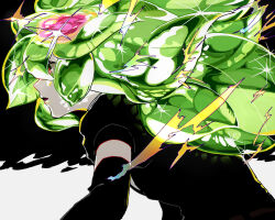 Rule 34 | 1other, androgynous, black background, black gloves, black necktie, blonde hair, crystal hair, dappled sunlight, elbow gloves, from side, gem uniform (houseki no kuni), gloves, green hair, highres, houseki no kuni, long hair, looking ahead, multicolored hair, necktie, open mouth, other focus, pink hair, profile, puffy short sleeves, puffy sleeves, red eyes, short sleeves, solo, streaked hair, sunlight, tezo (mokka mk), upper body, watermelon tourmaline (houseki no kuni), white background