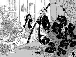 Rule 34 | 2boys, arm behind head, chest tattoo, commentary request, facial hair, flower, full body, goatee, greyscale, hat, holding, holding sword, holding weapon, kuroihato, looking at another, male focus, monkey d. luffy, monochrome, multiple boys, one piece, open clothes, open shirt, pants, sandals, sash, scar, scar on chest, scar on face, shorts, sideburns, straw hat, sword, tattoo, trafalgar law, walking, weapon