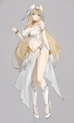 Rule 34 | 1girl, :o, arm up, bare shoulders, blonde hair, blue eyes, breasts, facing viewer, female focus, flantia, full body, grey background, head wings, highres, jewelry, large breasts, long hair, looking at viewer, original, simple background, solo, standing, straight-on, white footwear, wings