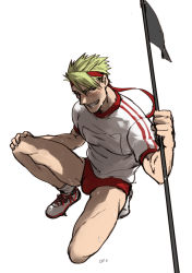 Rule 34 | 1boy, achilles (fate), bloomers, fate/grand order, fate (series), flag, green hair, grin, gym shirt, gym uniform, headband, highres, kitano gori, looking at viewer, male focus, name tag, shirt, shoes, simple background, smile, sneakers, socks, solo, squatting, sweat, underwear, white background, white shirt