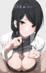 Rule 34 | 1boy, 1girl, black bra, black hair, blush, bra, breasts, breasts squeezed together, brown eyes, censored, cleavage, clothes lift, grey shirt, hetero, highres, jacket, kaminari doon, large breasts, long hair, long sleeves, looking at viewer, mole, mole on breast, mole on thigh, mole under eye, mosaic censoring, open clothes, open jacket, original, paizuri, penis, shirt, shirt lift, side ponytail, swept bangs, underwear, white jacket