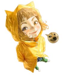 Rule 34 | 1girl, animal ears, animal hood, arms behind back, bandaid, bandaid on face, bandaid on nose, blush, brown hair, dog, dog hood, doge, fake animal ears, freckles, from above, green pants, heo sung-moo, highres, hood, looking up, meme, original, pants, photo inset, raincoat, reference inset, shoes, short hair, smile, solo, standing, white footwear, yellow eyes, yellow raincoat