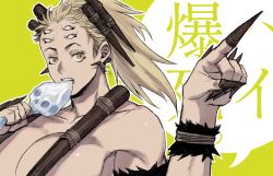 Rule 34 | 1girl, biting, blonde hair, breasts, claw ring, collarbone, dai dark, ear piercing, eating, extra eyes, eyelashes, hands up, highres, hitodama, holding, ki (mxxxx), large breasts, long hair, looking at viewer, nail, piercing, pointing, pointing to the side, ponytail, shimada death, sideways glance, solo, upper body, wrist cuffs, yellow eyes