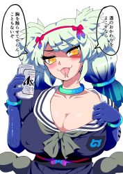 Rule 34 | alternate breast size, bad link, beer can, bracelet, breast pocket, breasts, can, choker, cleavage, drink can, forked tongue, hairband, highres, japari symbol, jewelry, kemono friends, large breasts, mamiyama, obi, pocket, sailor collar, sash, scales, simple background, tongue, tongue out, translation request, twintails, white background, yamata no orochi (kemono friends), yellow eyes