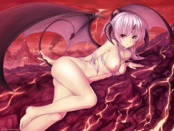 Rule 34 | 1girl, ass, atomix, barefoot, bat wings, breasts, demon girl, demon tail, demon wings, face, feet, hell, horns, large wings, legs, lightning, looking at viewer, lying, lava, navel, nipples, nude, on side, original, pink eyes, pink hair, solo, tail, volcano, wings