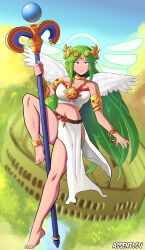 Rule 34 | 1girl, adapted costume, amulet, ancient greek clothes, angel wings, anklet, armlet, armpits, artist name, assentlov, bare shoulders, barefoot, belt, blue eyes, bracelet, breasts, cleavage, clenched hand, collarbone, crop top, day, diadem, eyelashes, feet, female focus, fingernails, floating, full body, greco-roman clothes, green hair, hand up, holding, holding staff, jewelry, kid icarus, kid icarus uprising, knee up, large breasts, leg hold, legs, loincloth, long hair, looking at viewer, lots of jewelry, midriff, navel, neck, necklace, nintendo, no bra, no panties, outdoors, palutena, parted bangs, parted lips, pelvic curtain, revealing clothes, shiny skin, sidelocks, signature, sky, smirk, staff, staff (weapon), strapless, thighs, tiptoes, toenails, toes, very long hair, wings