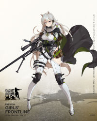 Rule 34 | 1girl, animal ears, ankle strap, anti-materiel rifle, arm under breasts, asymmetrical clothes, bag, bipod, blue eyes, blush, bolt-action rifle, bolt action, braid, breasts, buckle, bullpup, character name, cloak, combat knife, covered navel, elbow gloves, floating hair, full body, fur-trimmed cloak, fur trim, girls&#039; frontline, glasses, gloves, green-framed eyewear, grey cloak, grey gloves, grey leotard, gun, headset, highres, hip vent, holding, holding gun, holding knife, holding weapon, jacket, knee pads, knife, ksvk (girls&#039; frontline), ksvk 12.7, large breasts, leotard, long hair, looking at viewer, mechanical arms, multiple straps, official art, pandea work, pants, parted lips, partially fingerless gloves, pouch, ribbed leotard, rifle, scarf, shoes, sidelocks, silver hair, single mechanical arm, skindentation, smoke grenade, snap-fit buckle, sniper rifle, solo, standing, thick eyebrows, thigh strap, trigger discipline, very long hair, weapon, white pants, wind