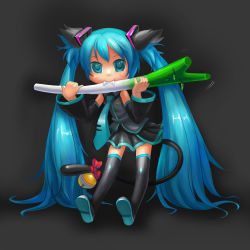 Rule 34 | 1girl, animal ears, aqua eyes, aqua hair, bell, boots, cat ears, cat tail, detached sleeves, dropbird, eating, hatsune miku, highres, jingle bell, long hair, necktie, saliva, skirt, solo, spring onion, tail, thigh boots, thighhighs, twintails, very long hair, vocaloid
