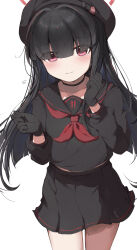 Rule 34 | 1girl, absurdres, black choker, black gloves, black hair, black hat, black sailor collar, black serafuku, black skirt, blue archive, blush, choker, closed mouth, collarbone, eyes visible through hair, gloves, halo, hat, highres, justice task force member (blue archive), long hair, long sleeves, looking at viewer, neckerchief, ra mun5239, red eyes, red halo, red neckerchief, sailor collar, school uniform, serafuku, simple background, skirt, solo, thighs, white background