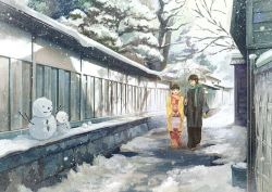 Rule 34 | 1boy, 1girl, :d, blue scarf, brown hair, commentary request, day, floral print, gemi, glasses, haori, holding, holding umbrella, japanese clothes, kimono, long sleeves, obi, open mouth, original, outdoors, red kimono, sash, scarf, side-by-side, smile, snow, snowing, snowman, standing, tree, umbrella, white umbrella