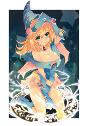 Rule 34 | 1girl, bare shoulders, blonde hair, blue eyes, blue footwear, blush stickers, breasts, cleavage, dark magical circle, dark magician girl, duel monster, fingerless gloves, full body, gloves, green eyes, hand on headwear, hat, holding, holding wand, large breasts, long hair, looking at viewer, pentacle, pentagram, smile, solo, wand, wizard hat, yodori, yu-gi-oh!, yu-gi-oh! duel monsters