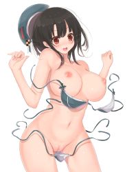 Rule 34 | 10s, 1girl, adapted costume, aqua bikini, artist request, bare shoulders, bikini, black hair, blush, breasts, hat, highres, kantai collection, large breasts, navel, nipples, open mouth, pussy, red eyes, shishamo (wa37485 0529), short hair, solo, swimsuit, takao (kancolle), uncensored, wardrobe malfunction, white background