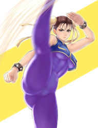 Rule 34 | 1girl, bare shoulders, blue unitard, bracelet, breasts, brown eyes, brown hair, bun cover, capcom, chun-li, clenched hand, closed mouth, commentary, covered navel, double bun, fighting stance, gold trim, hair bun, high kick, highres, jewelry, kicking, leg up, lips, looking at viewer, makeup, medium breasts, serious, simple background, skin tight, sleeveless, street fighter, street fighter zero (series), unitard, yukimune