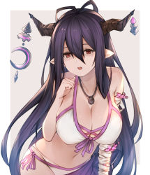 Rule 34 | 1girl, antenna hair, bandages, bandaged arm, bandages, breasts, crescent, danua, draph, granblue fantasy, hair between eyes, horn ornament, horns, huge breasts, large breasts, long hair, navel, open mouth, pointy ears, purple hair, red eyes, simple background, solo, thumb to mouth, wuming