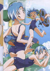 Rule 34 | 1990s (style), 1girl, adjusting clothes, adjusting swimsuit, ass, back, barefoot, blue hair, bun cover, carrot, double bun, facial mark, feet, flat chest, forehead mark, freckles, hair bun, innertube, looking back, lying, masaki sasami jurai, on side, one-piece swimsuit, open mouth, outstretched arms, red eyes, retro artstyle, school swimsuit, smile, solo, spread arms, swim ring, swimsuit, tenchi muyou!, thigh gap, thighs, wet