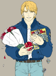 Rule 34 | 10s, 1boy, apple, bad id, bad pixiv id, blonde hair, blue jacket, bomber jacket, bouquet, character doll, closed eyes, denim, flat color, flower, food, fruit, holding, holding food, holding fruit, jacket, jeans, keith goodman, magazine (object), male focus, neshichi, pants, photo (object), short hair, sky high (tiger &amp; bunny), smile, solo, tiger &amp; bunny
