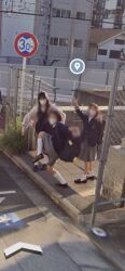 Rule 34 | 3girls, blurry, censored, high school girls posing for google street view (meme), mask, multiple girls, photo (medium), poses, real life, school uniform, tagme