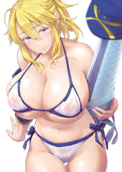 Rule 34 | 1girl, ahoge, arm support, artoria pendragon (fate), artoria pendragon (lancer) (fate), bare shoulders, baseball cap, bikini, blonde hair, blue eyes, blush, breasts, cleavage, closed mouth, collarbone, commentary request, cosplay, covered erect nipples, fate/grand order, fate (series), hair between eyes, hat, unworn hat, unworn headwear, highleg, highleg bikini, holding, holding weapon, huge breasts, lips, medium hair, mysterious heroine xx (fate), mysterious heroine xx (fate) (cosplay), navel, nipples, ponytail, revision, see-through, side-tie bikini bottom, sidelocks, skindentation, smile, soba (saz), stomach, string bikini, sweat, swimsuit, thighs, underboob, weapon, white bikini